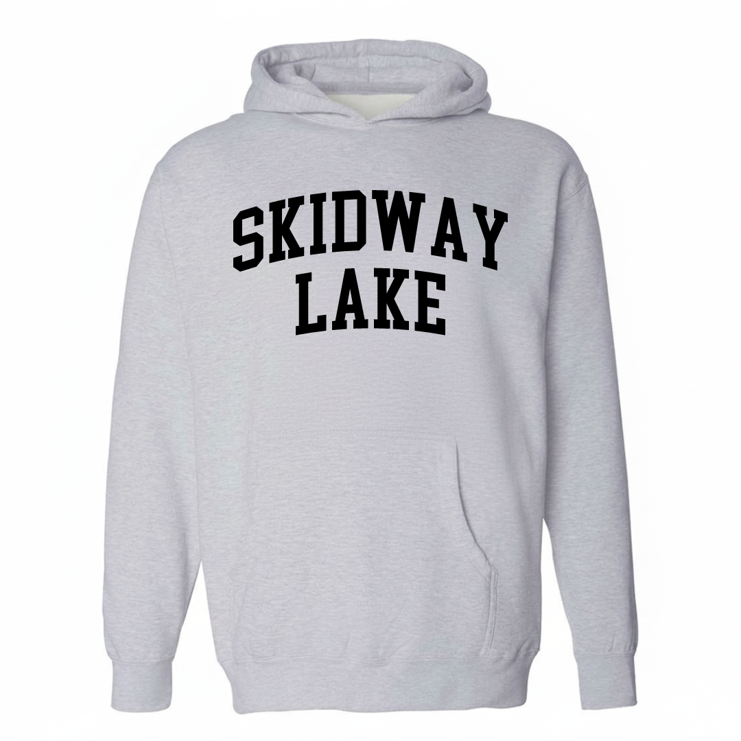 Heather-gray hoodie with the Skidway Lake varsity arched lettering design on the chest.