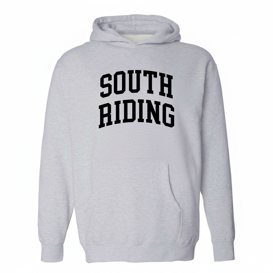 Heather-gray hoodie with the South Riding arched lettering design on the chest.