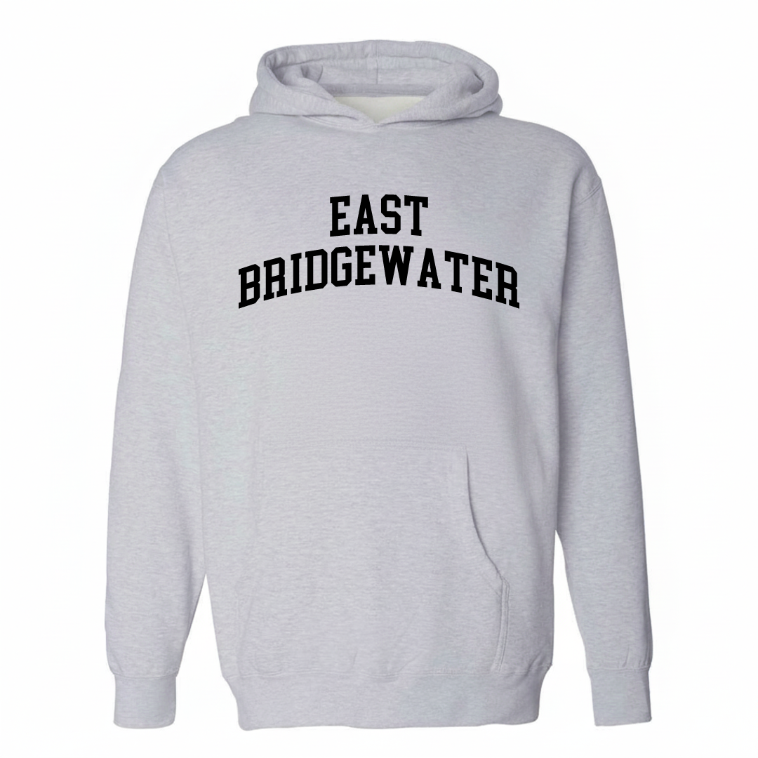 Heather-gray hoodie with the East Bridgewater arched lettering design on the chest.
