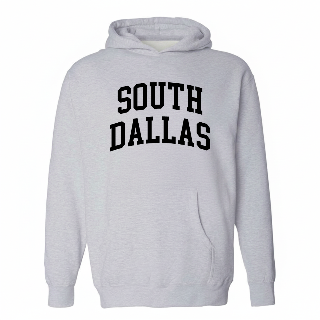 Heather-gray hoodie with the South Dallas varsity arched lettering design on the chest.