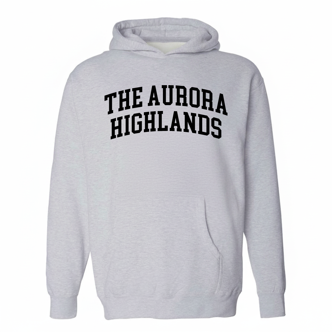 Heather-gray hoodie with The Aurora Highlands varsity arched lettering design on the chest.
