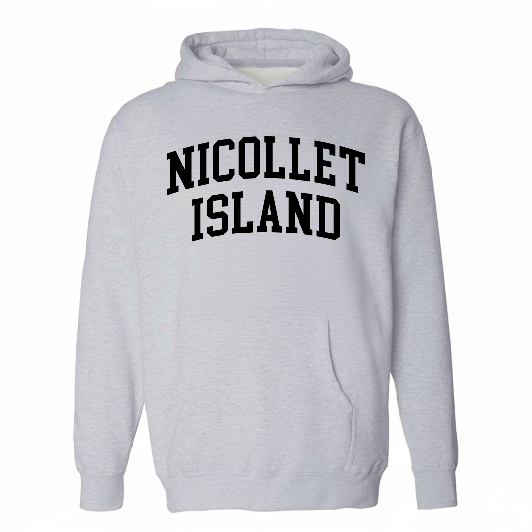 Heather-gray hoodie with the Nicollet Island varsity arched lettering design on the chest.