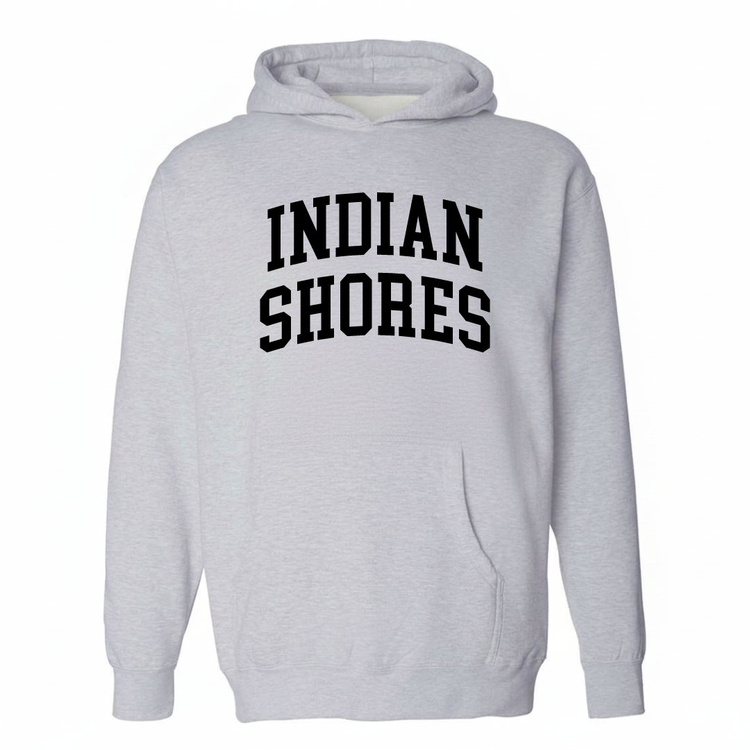 Heather-gray hoodie with the Indian Shores varsity arched lettering design on the chest.
