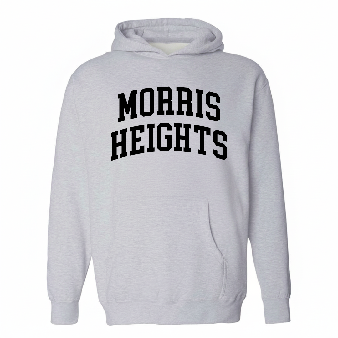 Heather-gray hoodie with the Morris Heights arched lettering design on the chest.