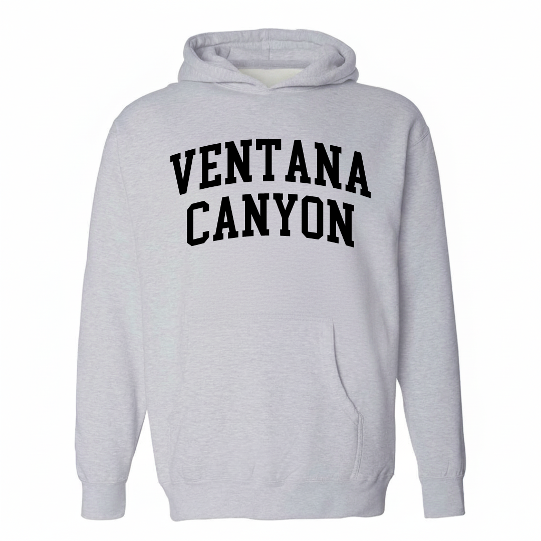 Heather-gray hoodie with the Ventana Canyon varsity arched lettering design on the chest.