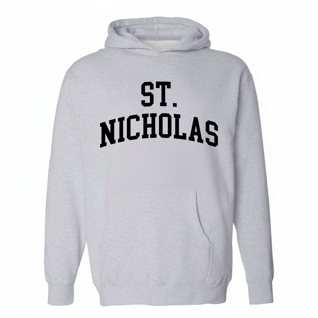 Heather-gray hoodie with the St. Nicholas varsity arched lettering design on the chest.