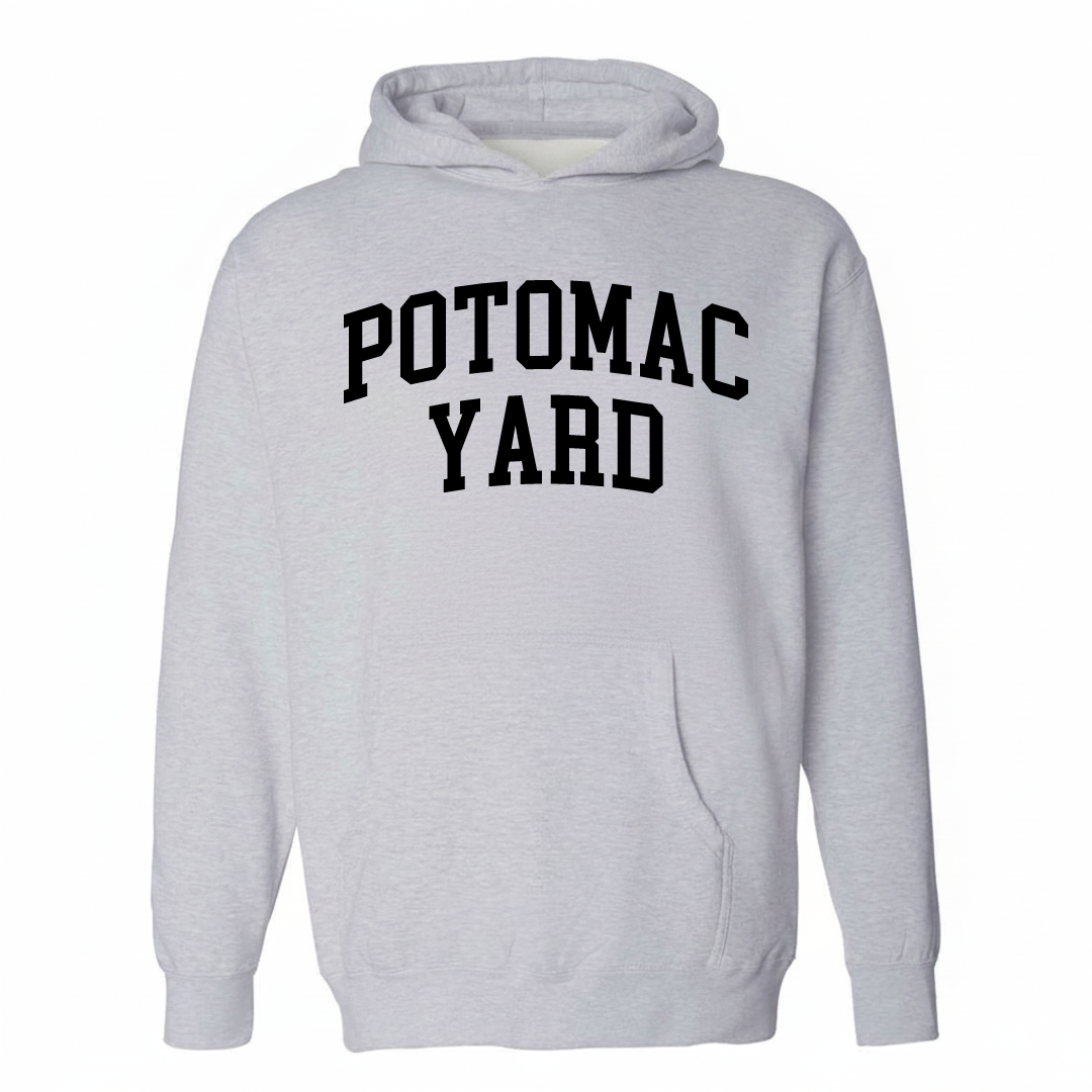 Heather-gray hoodie with the Potomac Yard varsity arched lettering design on the chest.