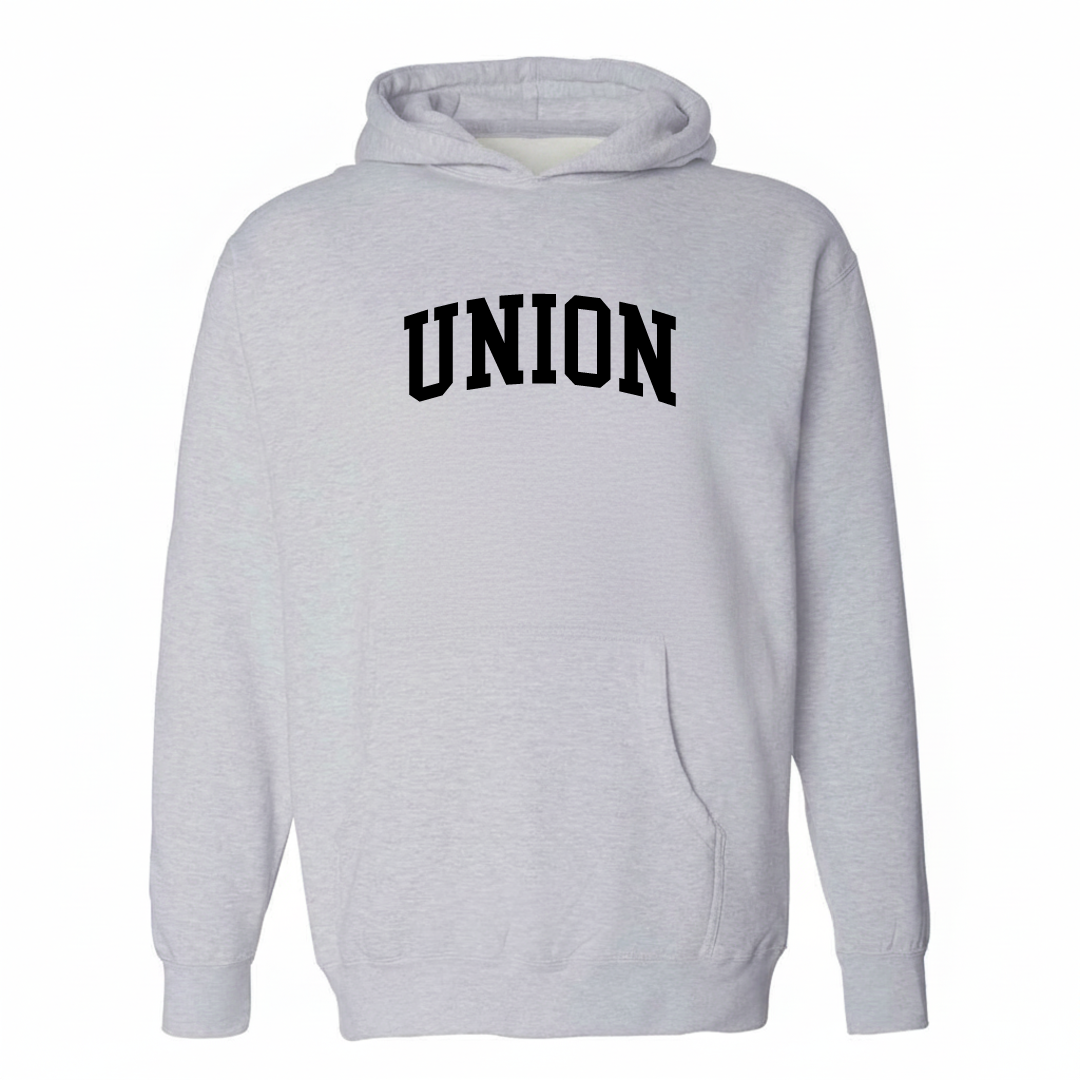 Heather-gray hoodie with the Union, SC varsity arched lettering design on the chest.