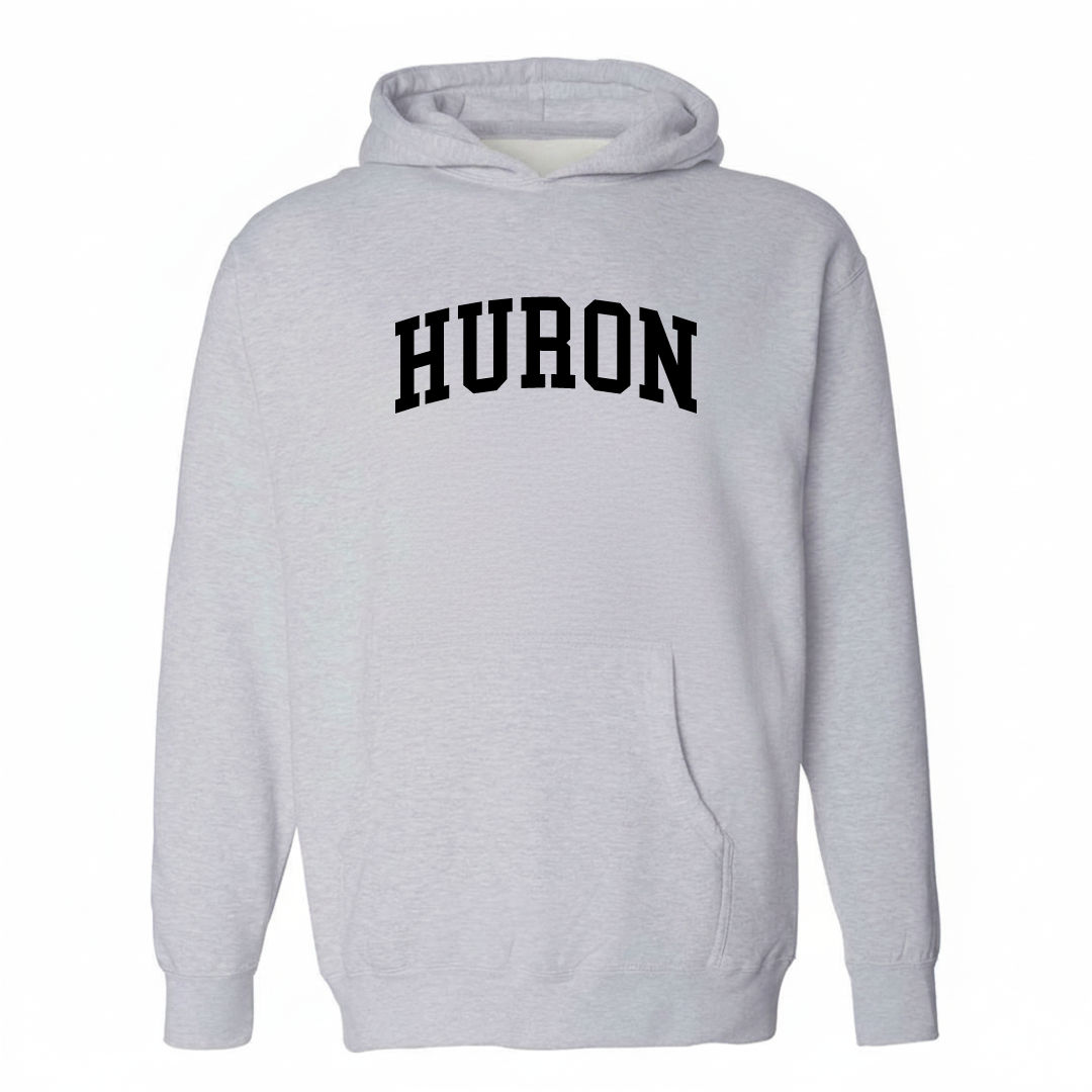Heather-gray hoodie with the Huron varsity arched lettering design on the chest.