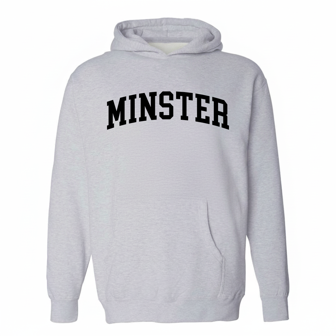 Heather-gray hoodie with the Minster varsity arched lettering design on the chest.