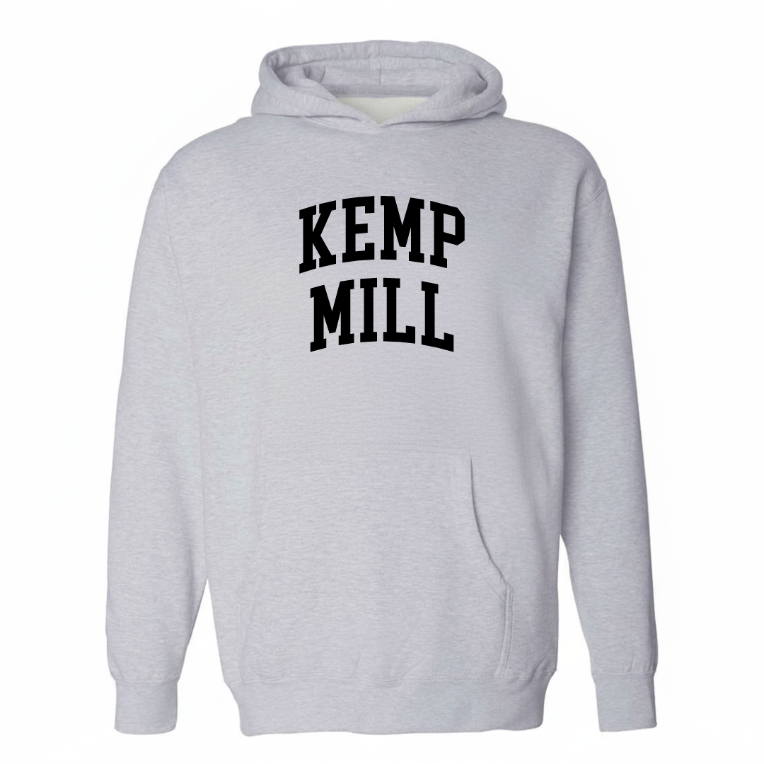 Heather-gray hoodie with the Kemp Mill varsity arched lettering design on the chest.