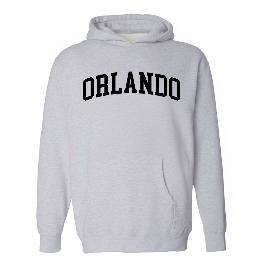 Heather-gray hoodie with the Orlando varsity arched lettering design on the chest.