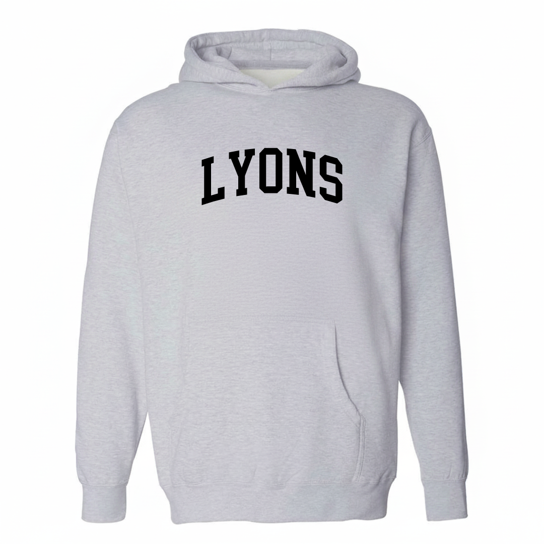 Heather-gray hoodie with the Lyons arched varsity lettering design on the chest.