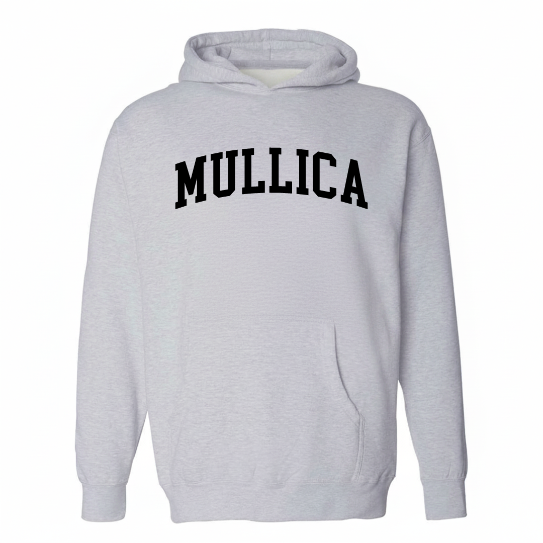 Heather-gray hoodie with the Mullica varsity arched lettering design on the chest.