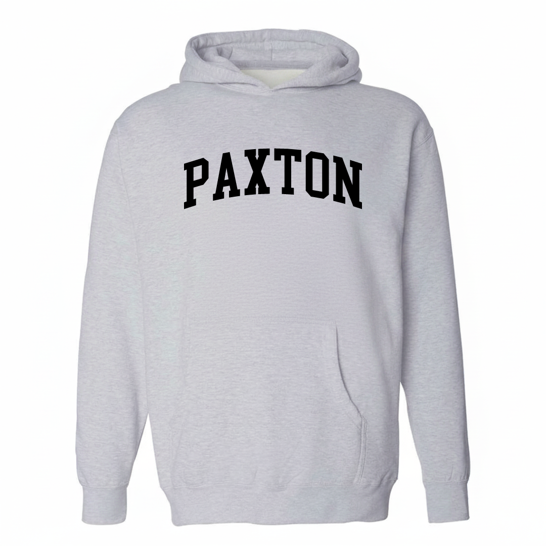 Heather-gray hoodie with the Paxton varsity arched lettering design on the chest.