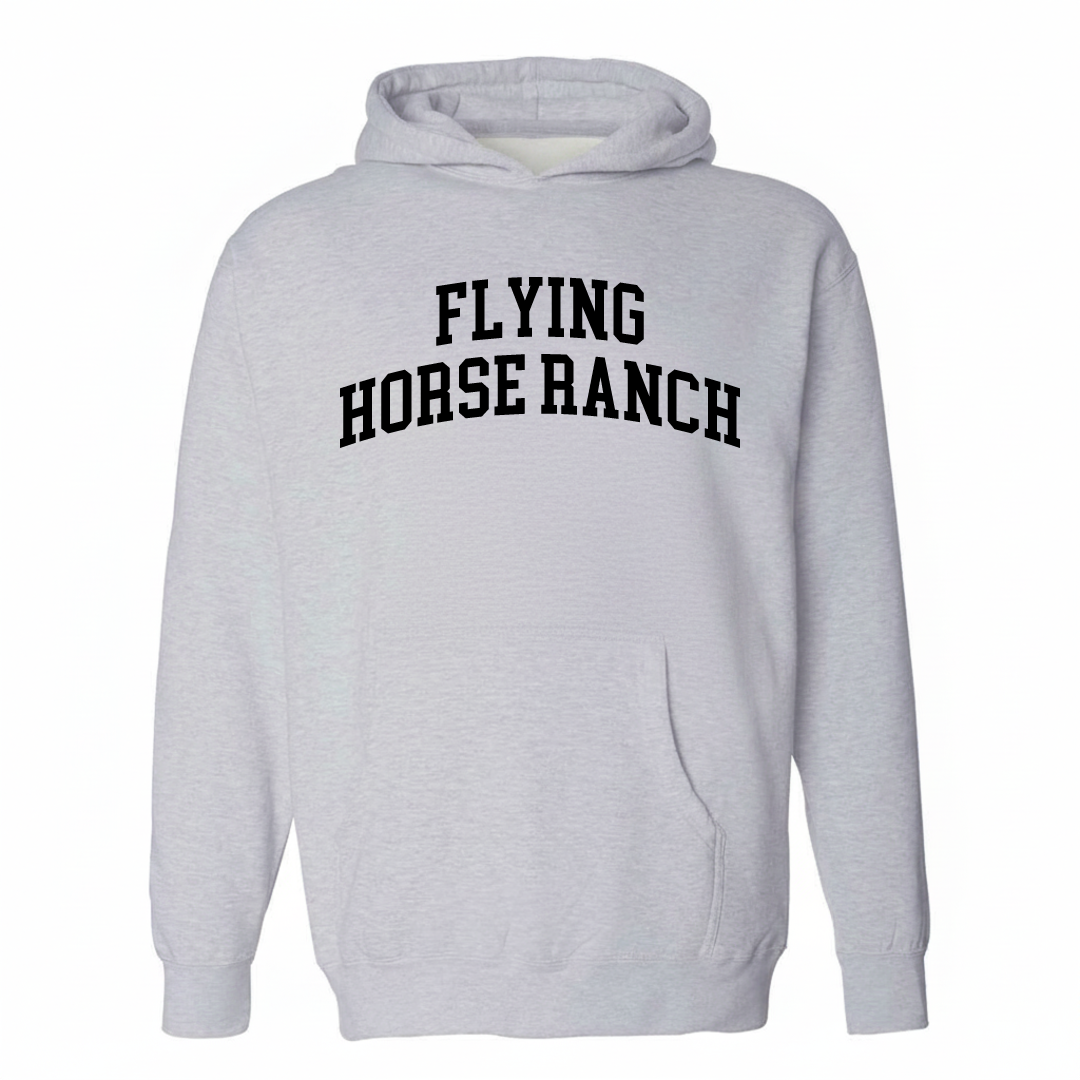 Heather-gray hoodie with the Flying Horse Ranch varsity arched lettering design on the chest.