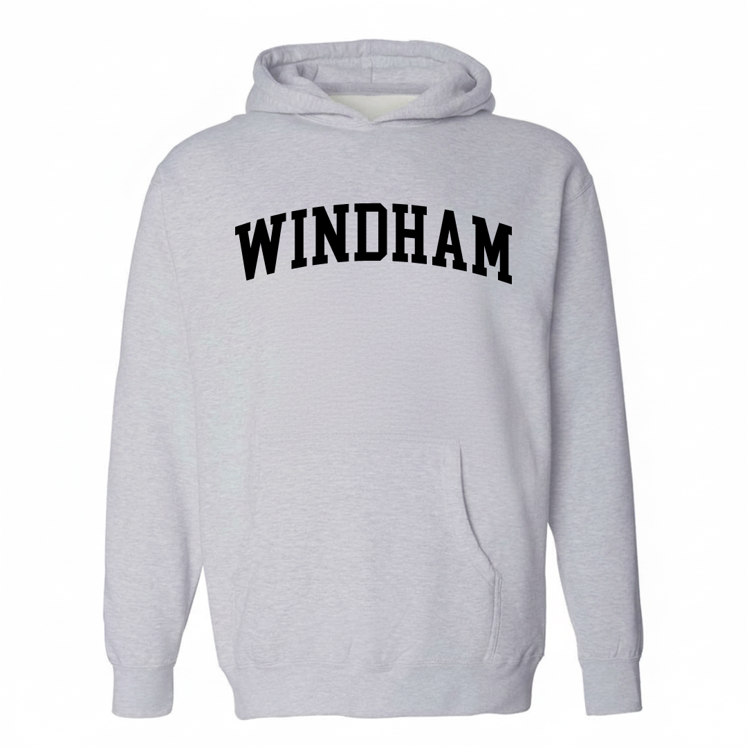 Heather-gray hoodie with the Windham varsity arched lettering design on the chest.