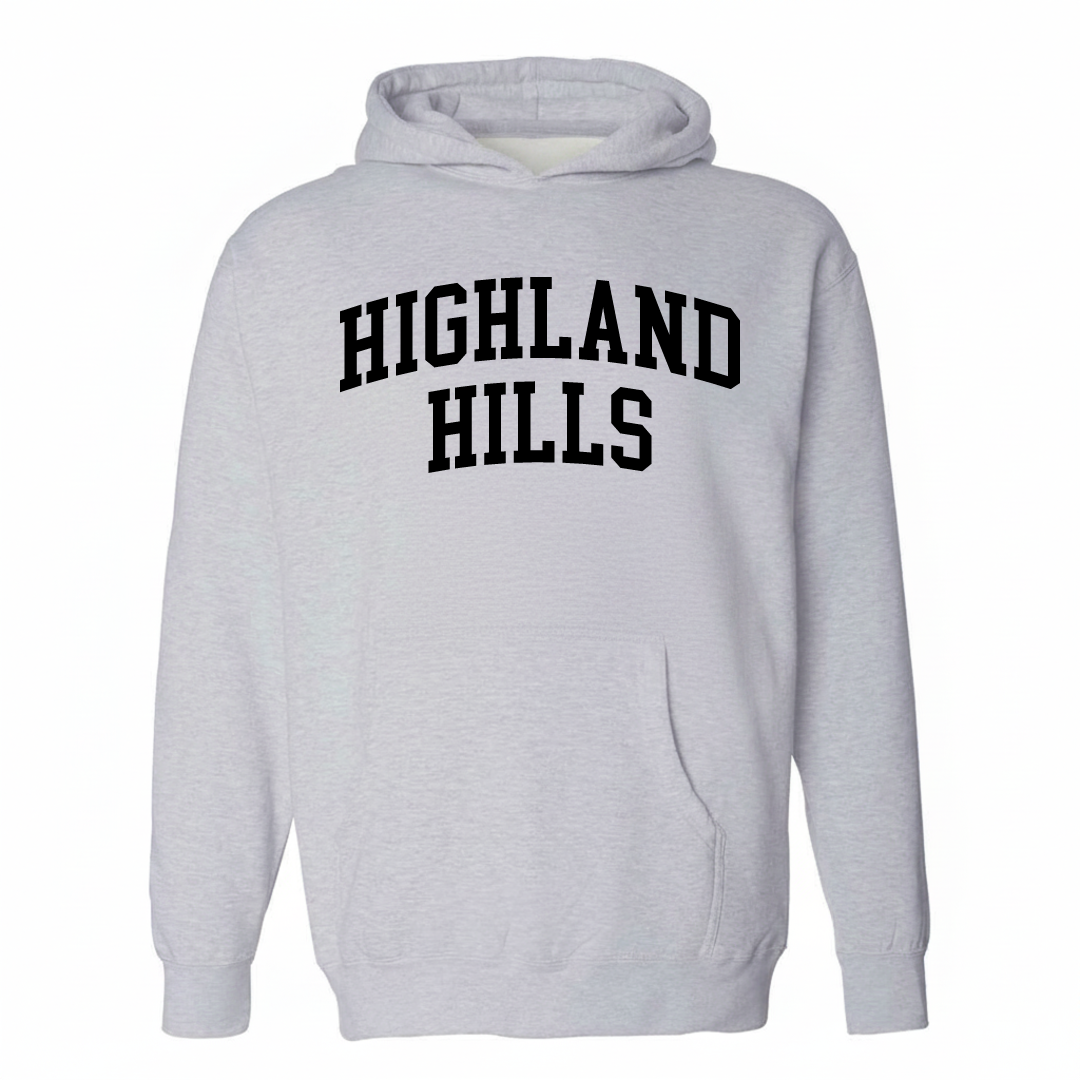 Heather-gray hoodie with the Highland Hills arched lettering varsity-collegiate design on the chest.