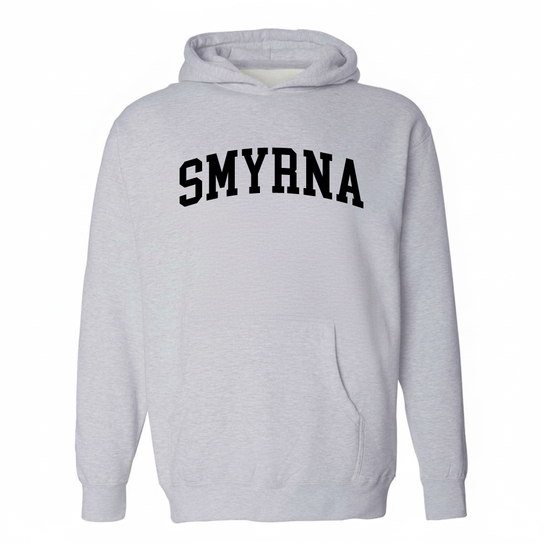 Heather-gray hoodie with the Smyrna arched varsity lettering design on the chest.