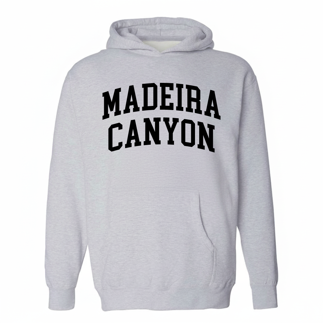 Heather-gray hoodie with the Madeira Canyon arched lettering design on the chest.