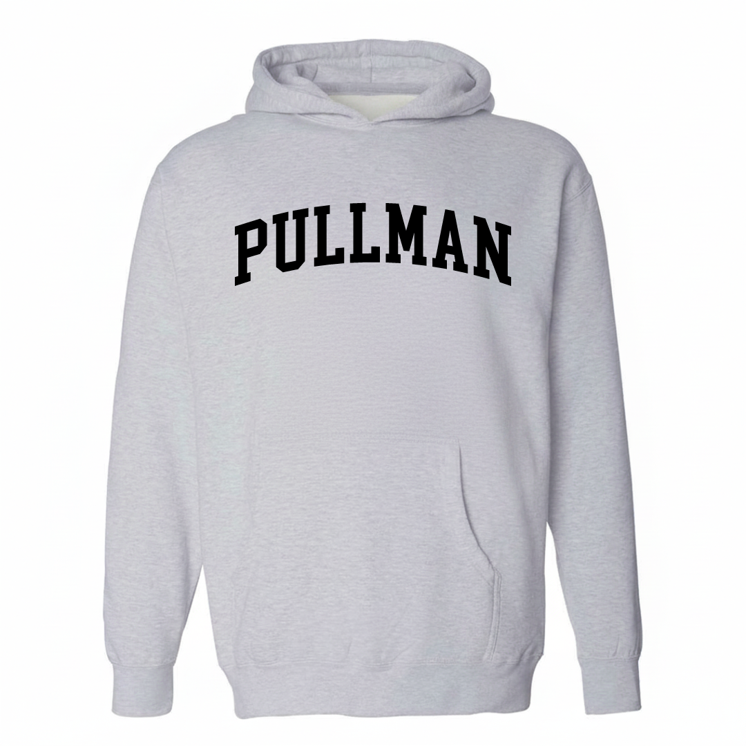 Heather-gray hoodie with the Pullman varsity arched lettering design on the chest.