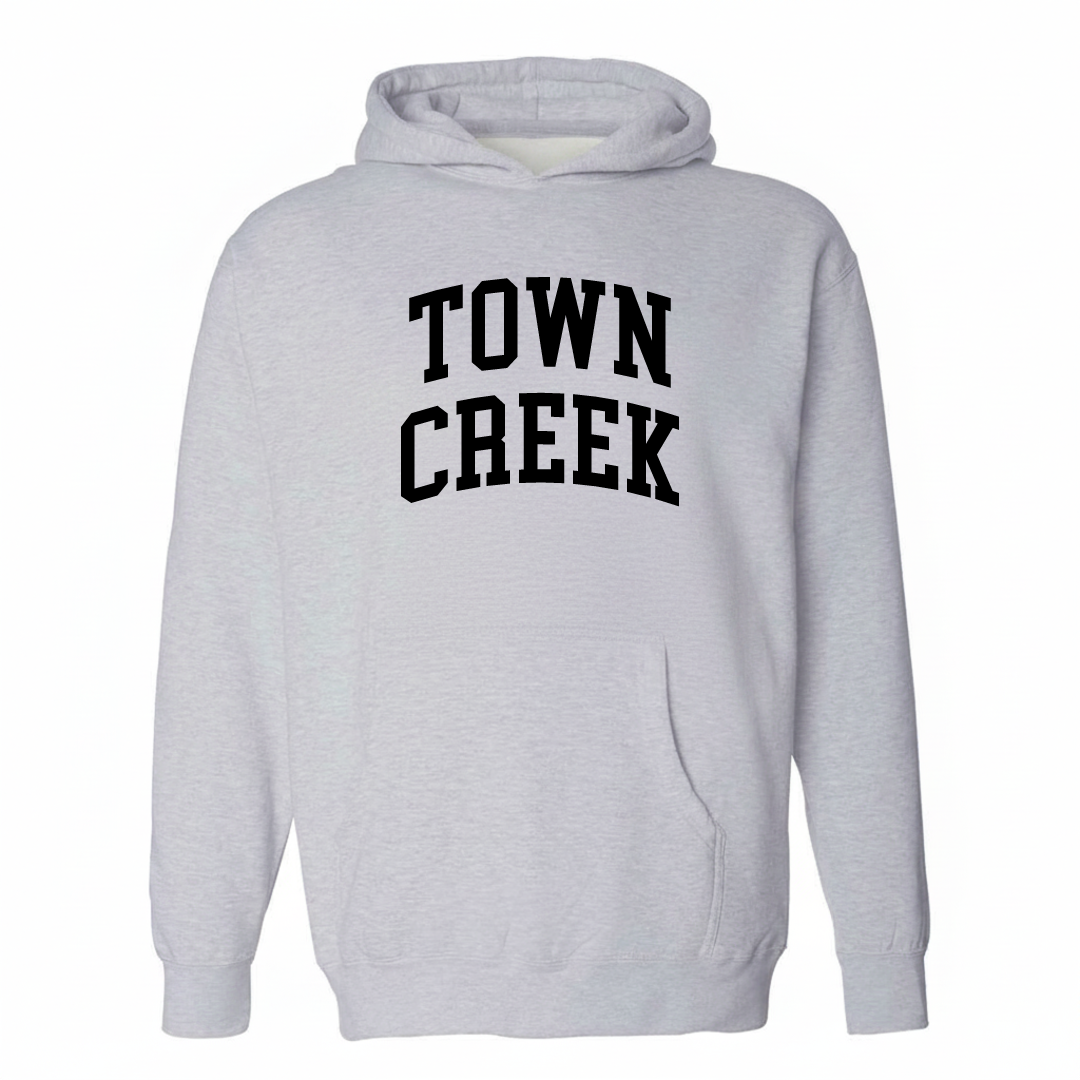 Heather-gray hoodie with the Town Creek varsity arched lettering design on the chest.