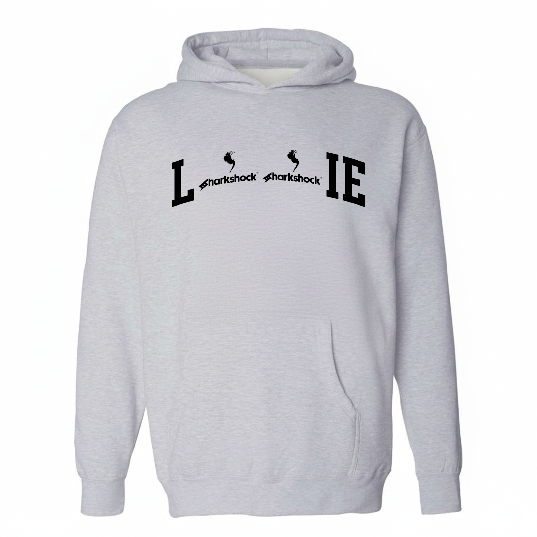 Heather-gray hoodie with the Lāʻie varsity arched lettering design on the chest.