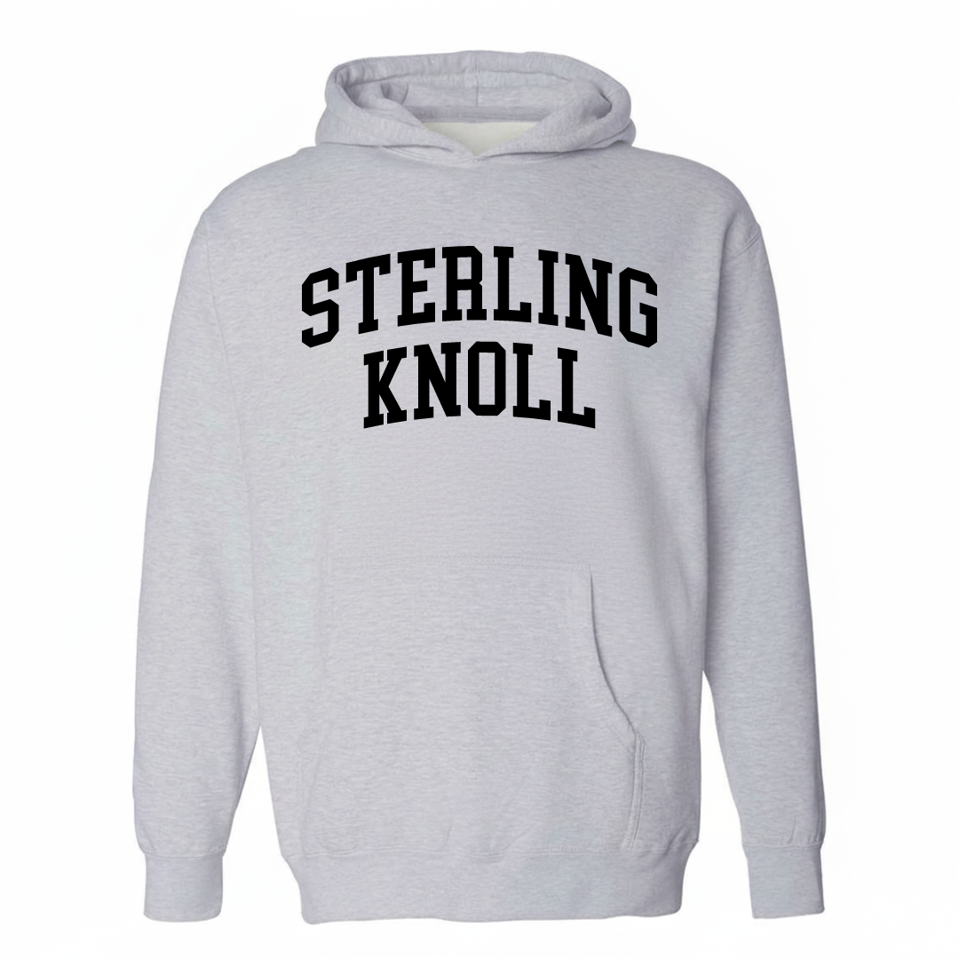 Heather-gray hoodie with the Sterling Knoll arched lettering design on the chest.