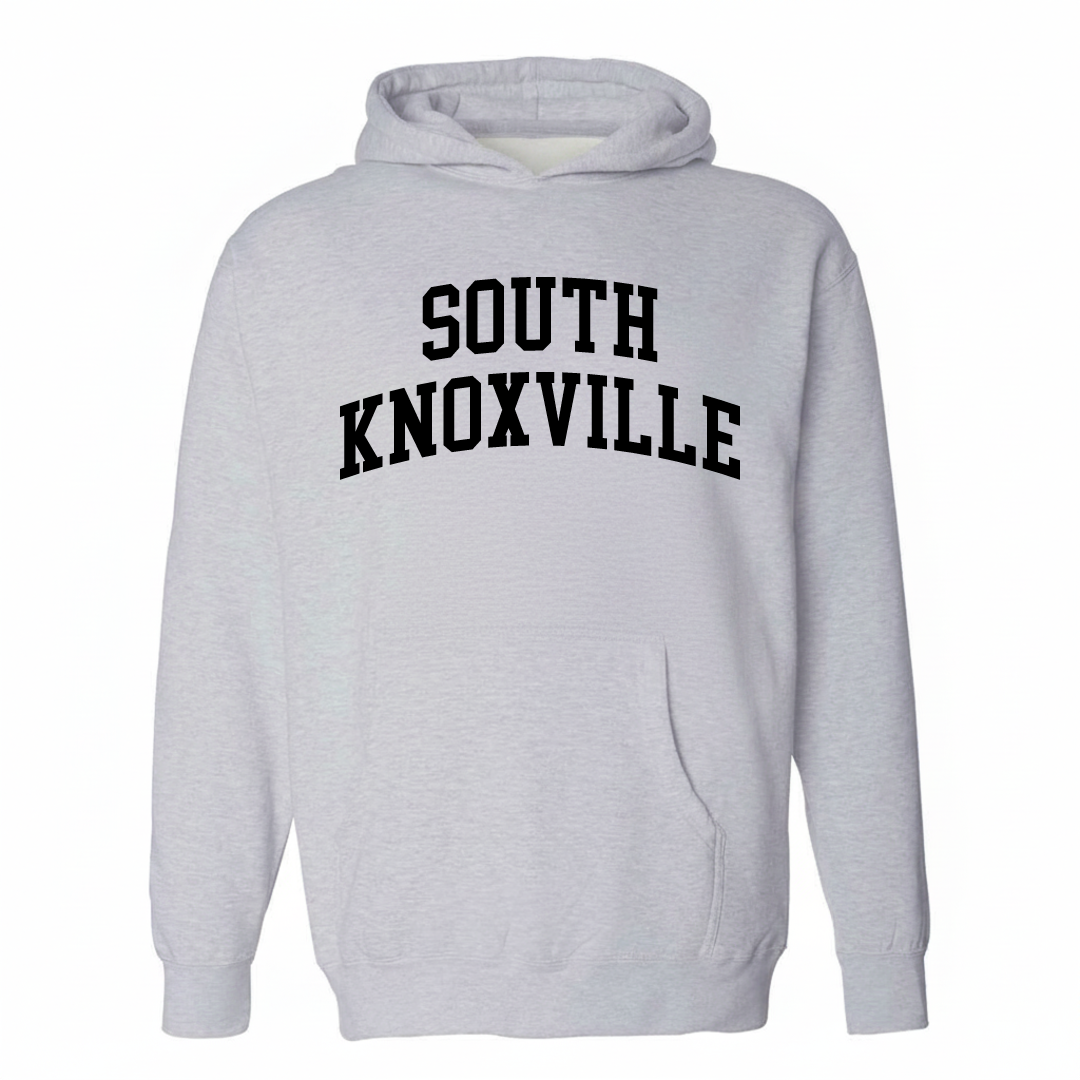 Heather-gray hoodie with the South Knoxville varsity arched lettering design on the chest.