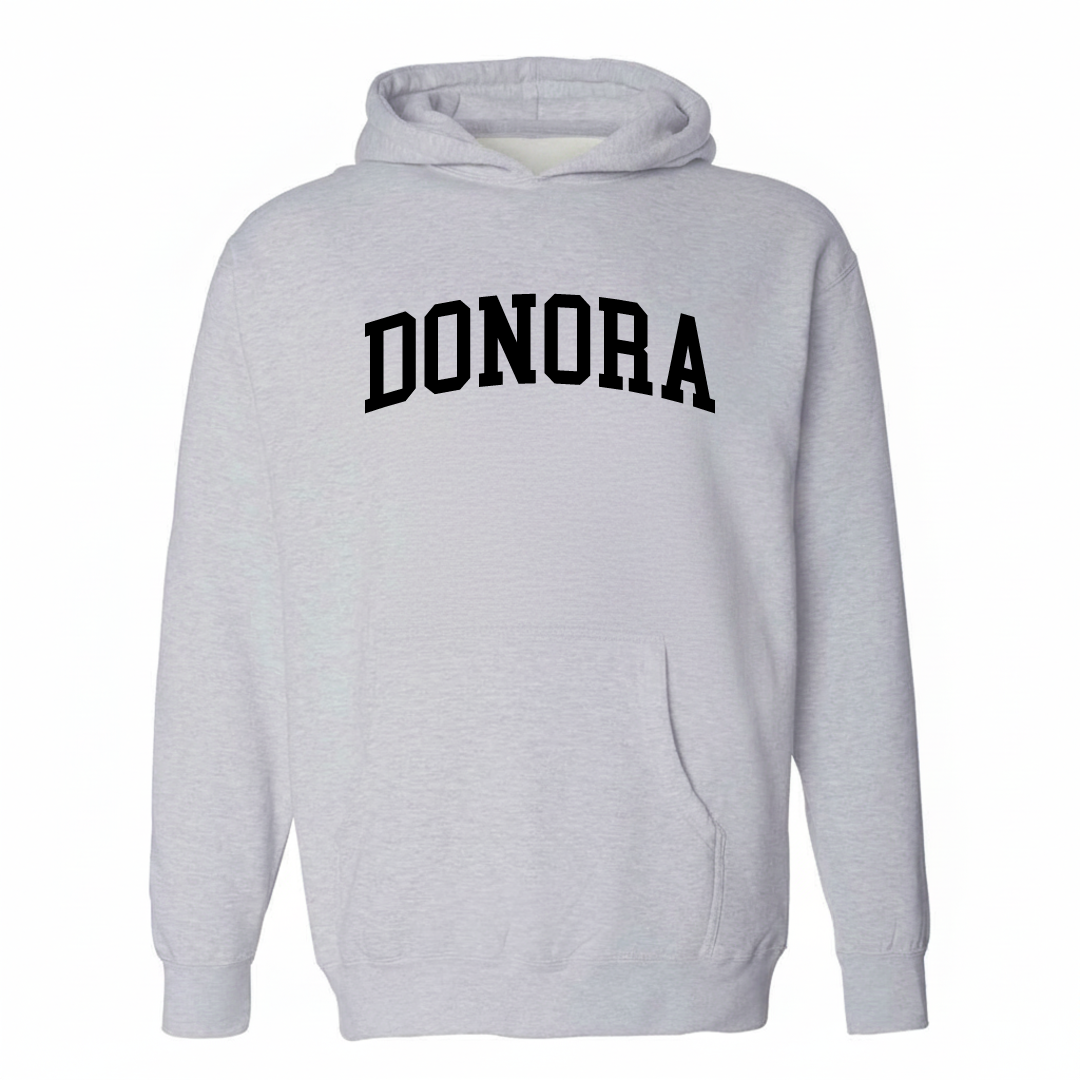Heather-gray hoodie with the Donora varsity arched lettering design on the chest.