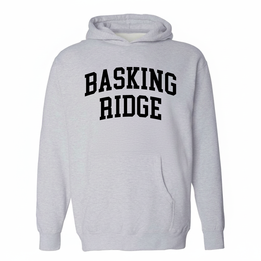 Heather-gray hoodie with the Basking Ridge varsity arched lettering design on the chest.