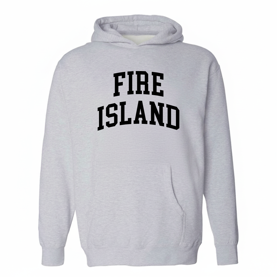 Heather-gray hoodie with the Fire Island varsity arched lettering design on the chest.