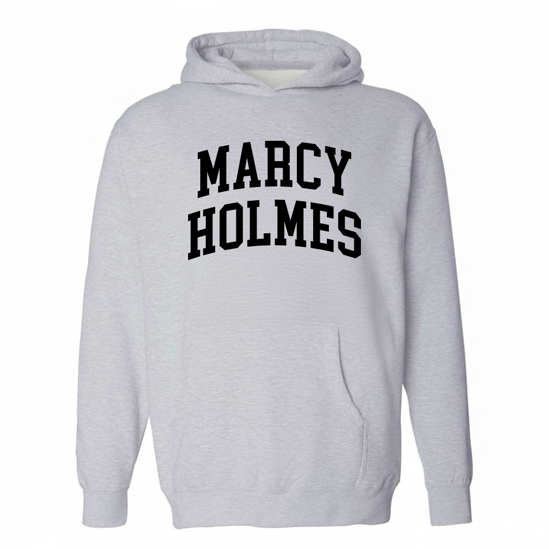 Heather-gray hoodie with the Marcy-Holmes varsity arched lettering design on the chest.