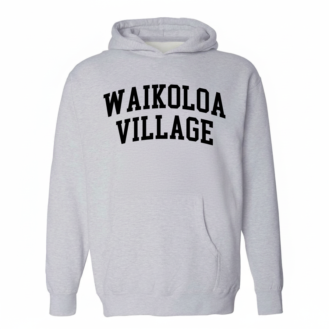 Heather-gray hoodie with the Waikoloa Village arched lettering design on the chest.