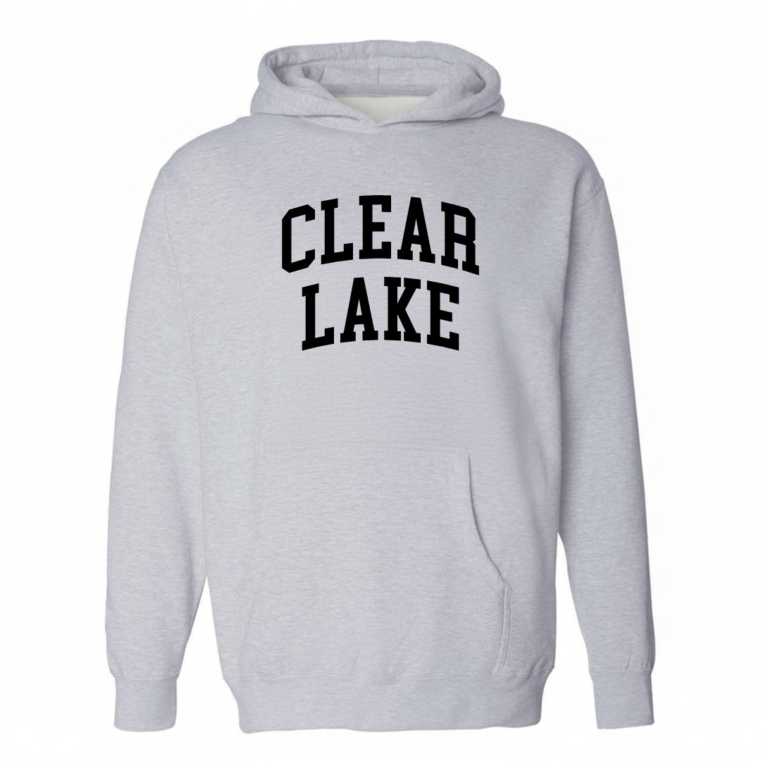 Heather-gray hoodie with the Clear Lake arched lettering varsity-collegiate design on the chest.