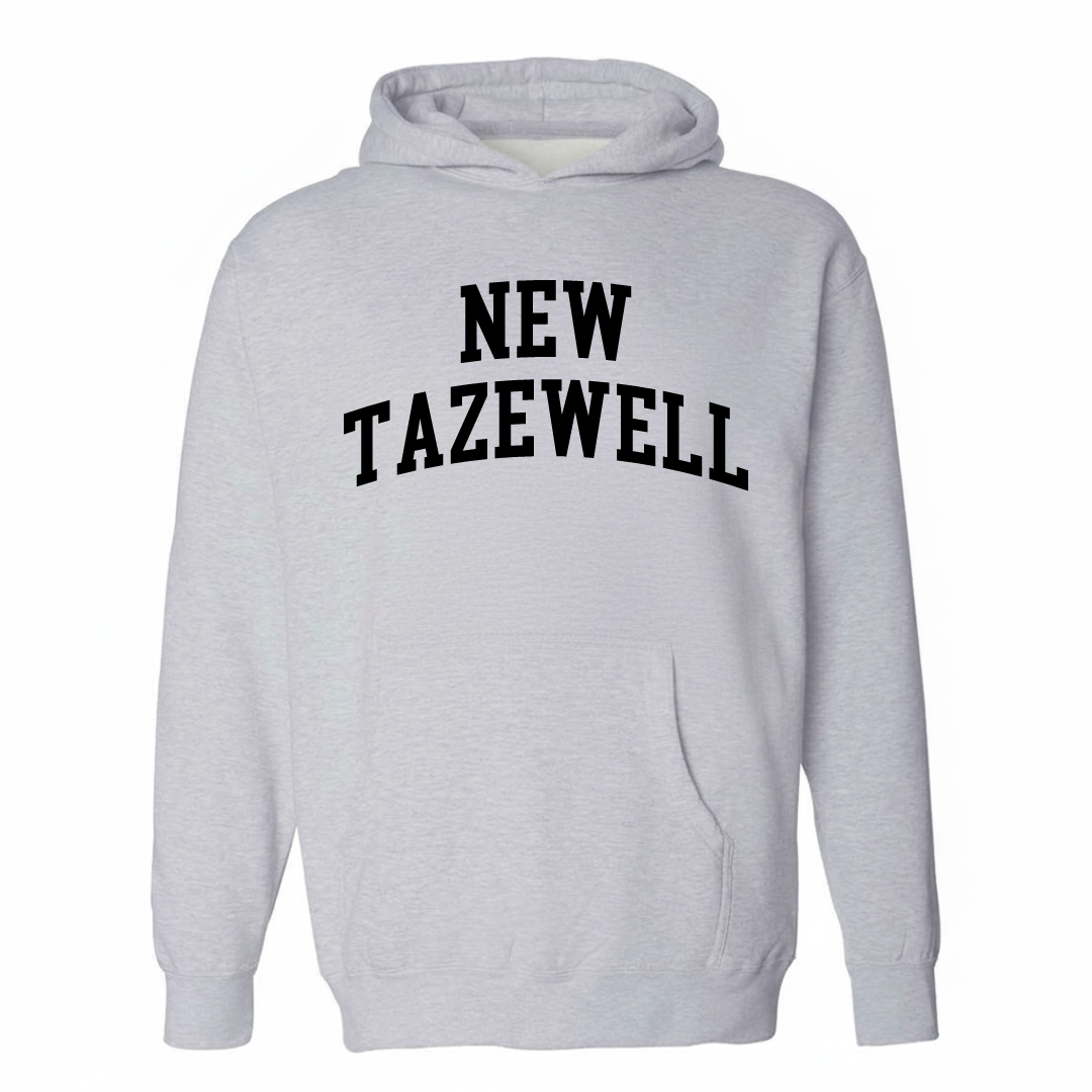 Heather-gray hoodie with the New Tazewell arched lettering varsity-collegiate design on the chest.