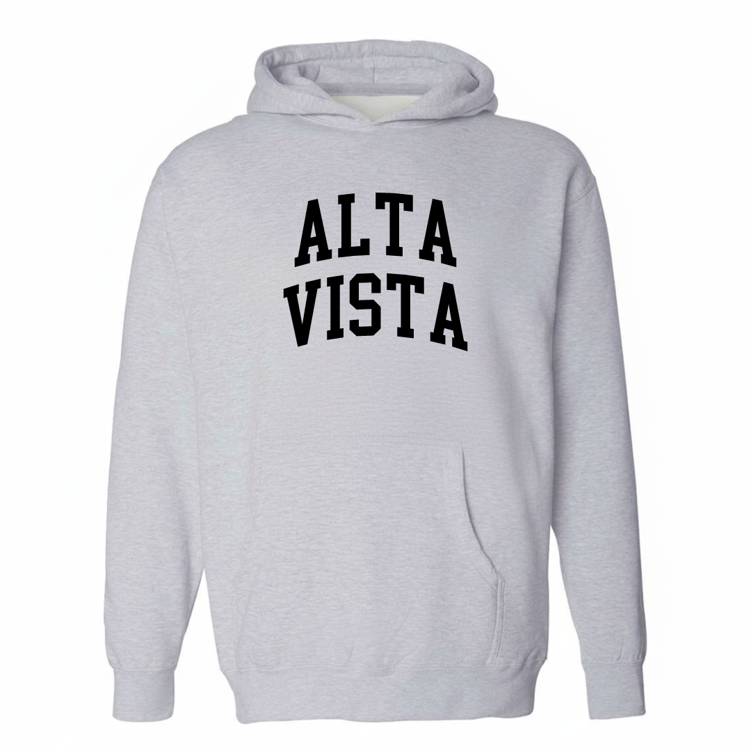 Heather-gray hoodie with the Alta Vista arched lettering design on the chest.
