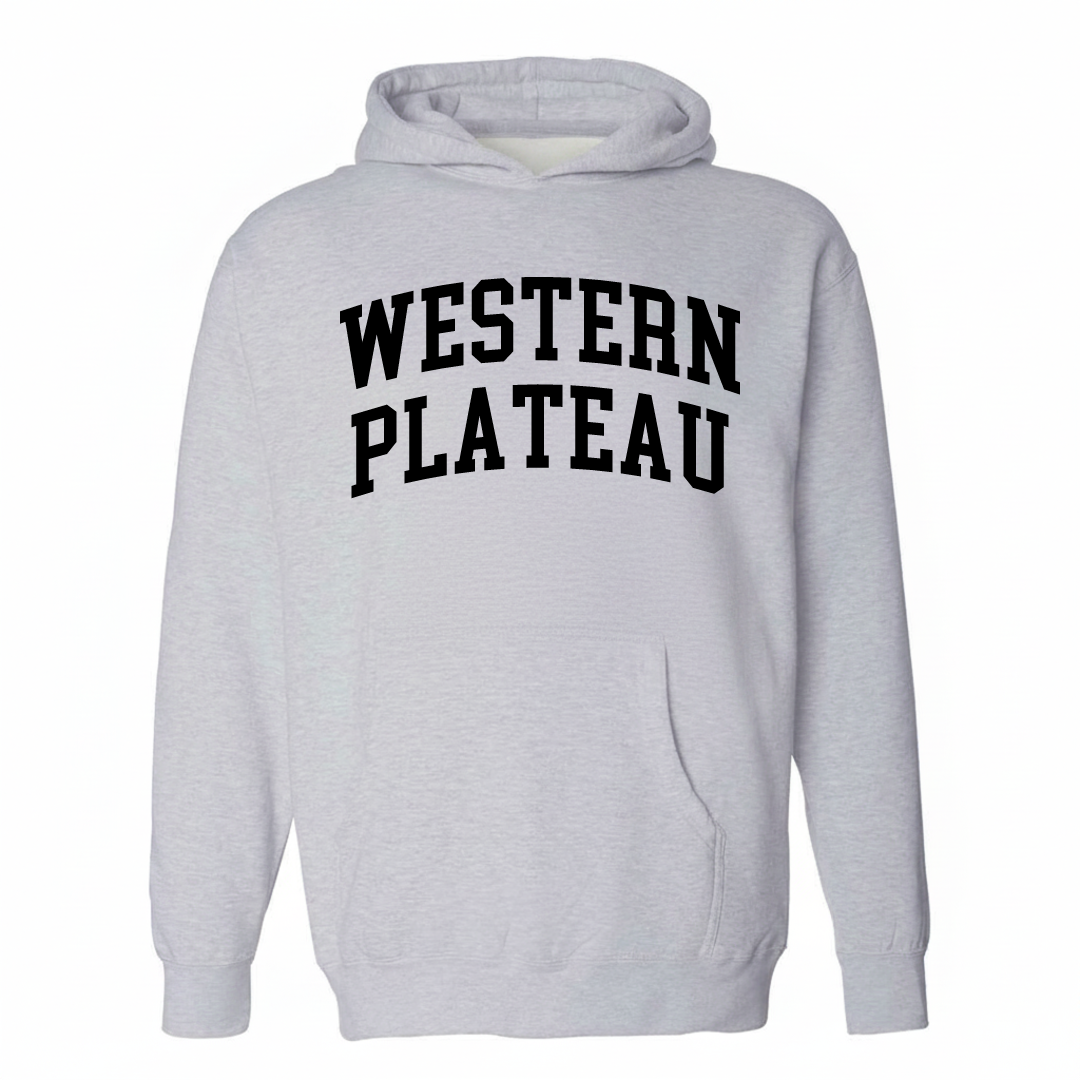 Heather-gray hoodie with the Western Plateau varsity arched lettering design on the chest.