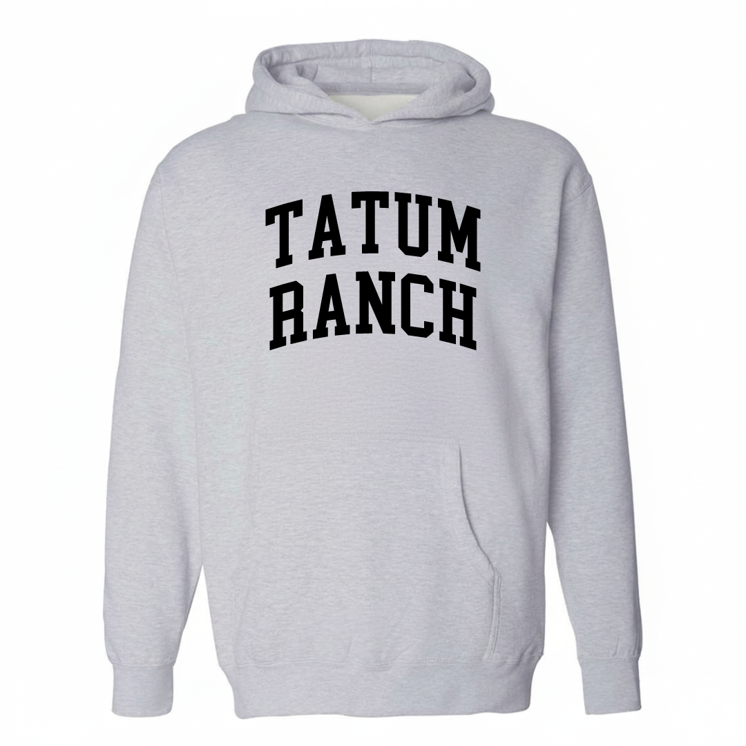 Heather-gray hoodie with the Tatum Ranch arched lettering design on the chest.