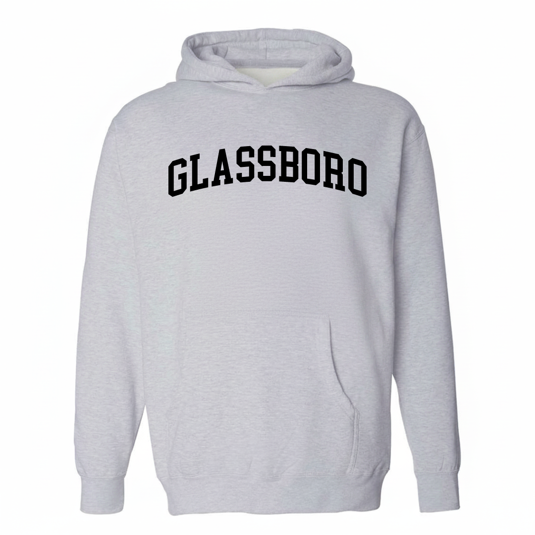 Heather-gray hoodie with the Glassboro varsity arched lettering design on the chest.