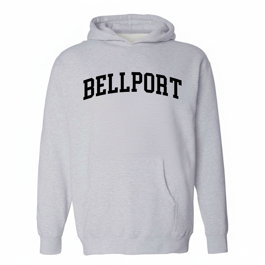 Heather-gray hoodie with the Bellport arched lettering varsity-collegiate design on the chest.