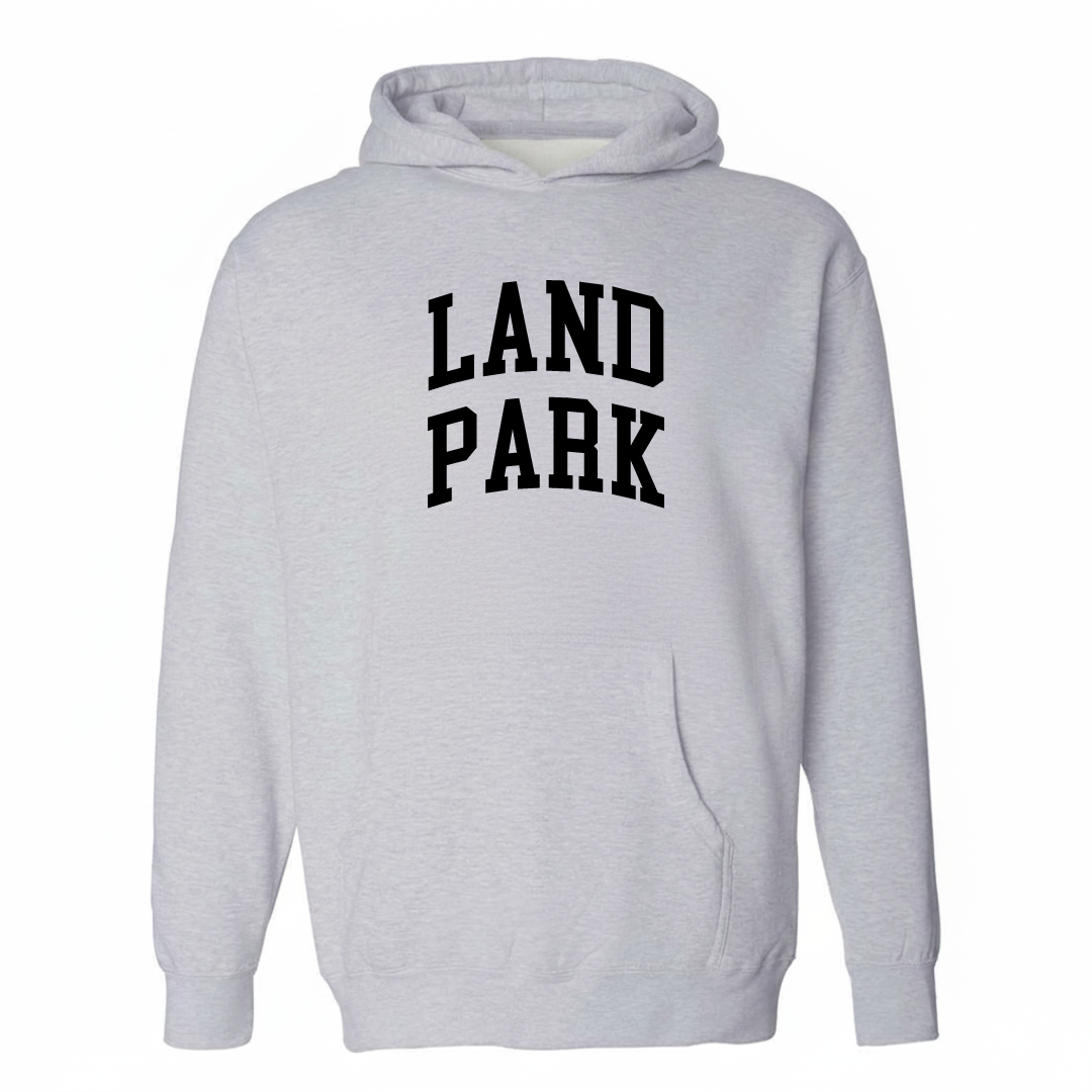 Heather-gray hoodie with the Land Park arched lettering varsity design on the chest.