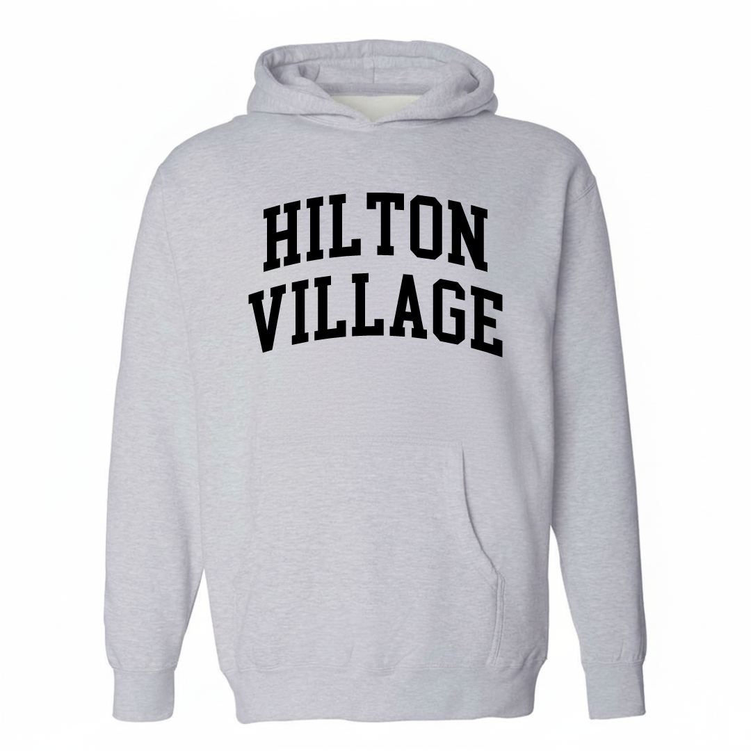 Heather-gray hoodie with the Hilton Village varsity arched lettering design on the chest.