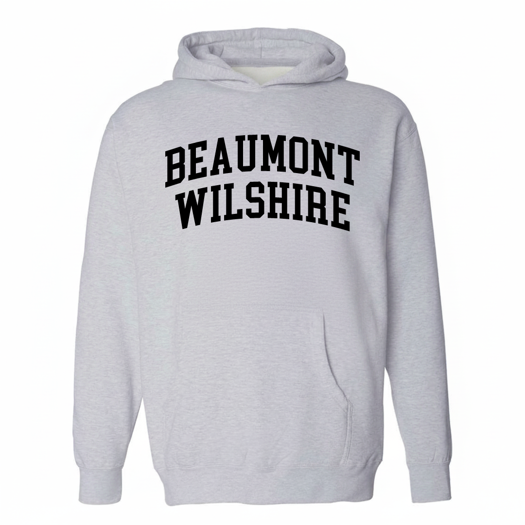 Heather-gray hoodie with the Beaumont-Wilshire varsity arched lettering design on the chest.