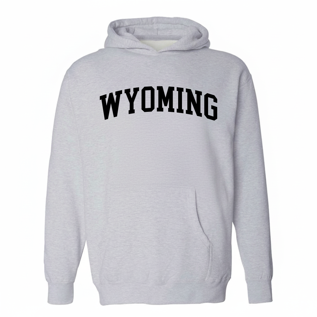 Heather-gray hoodie with the Wyoming Delaware arched varsity lettering design on the chest.