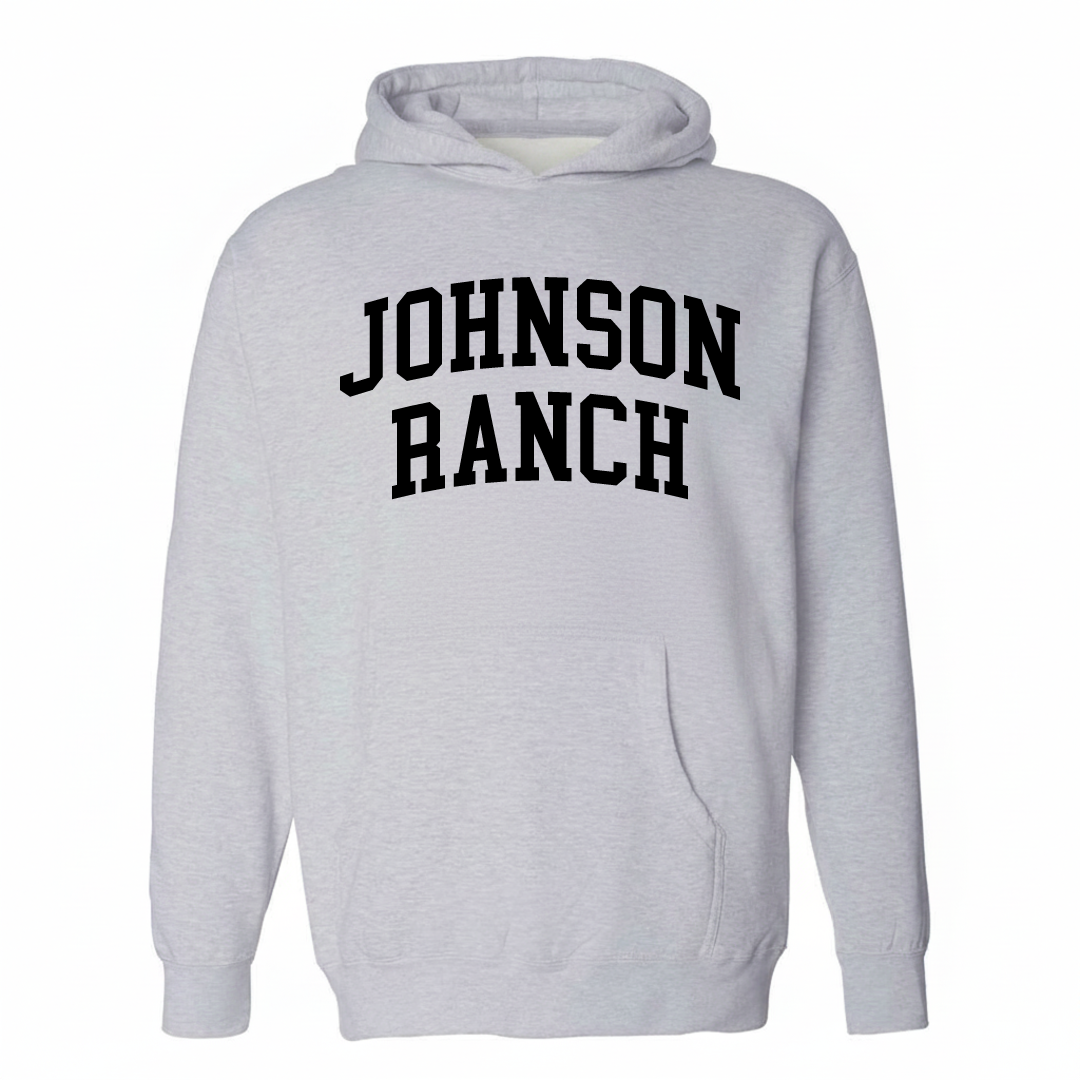 Heather-gray hoodie with the Johnson Ranch arched lettering design on the chest.