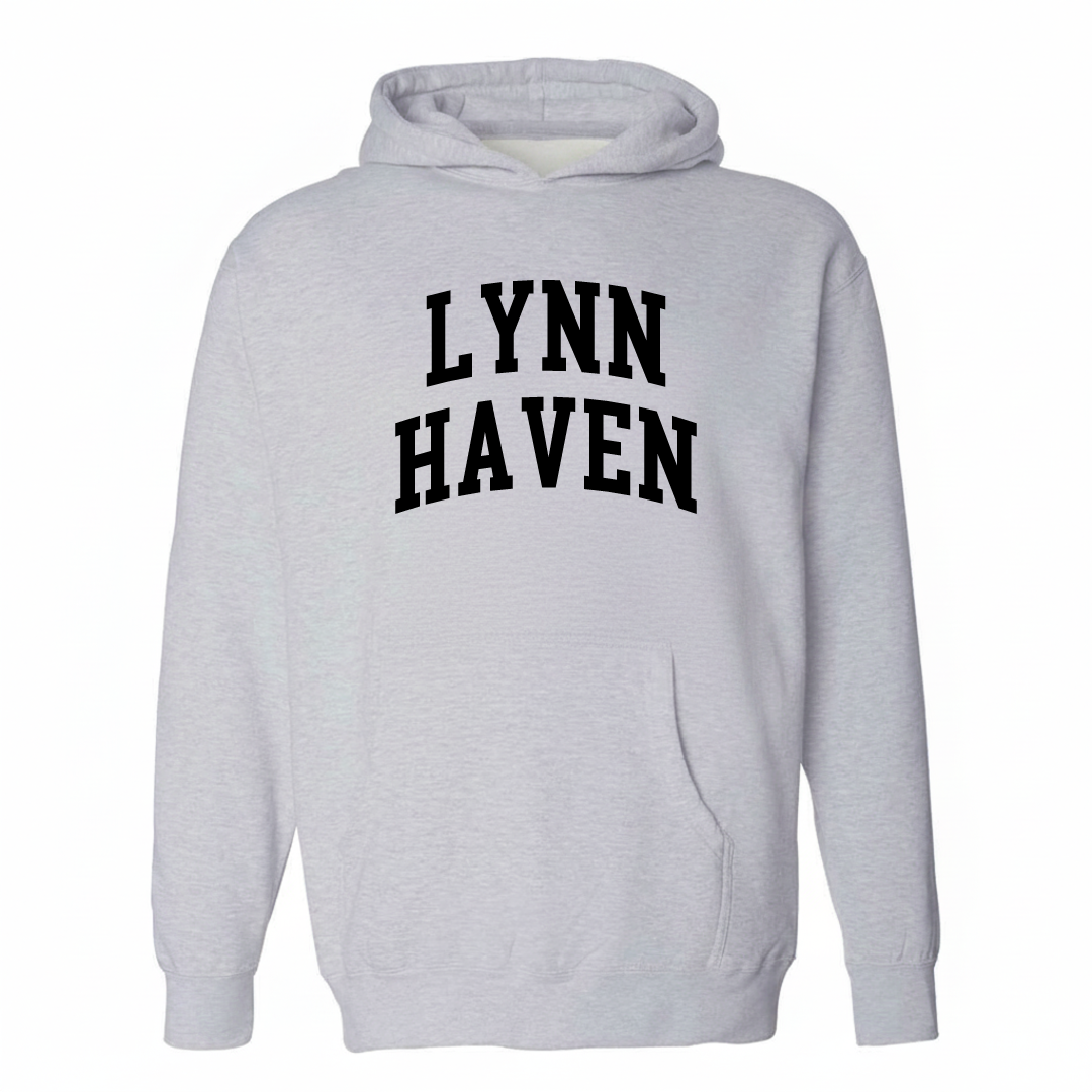 Heather-gray hoodie with the Lynn Haven arched lettering varsity-collegiate design on the chest.