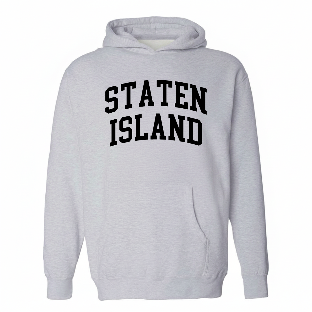 Heather-gray hoodie with the Staten Island arched varsity lettering design on the chest.