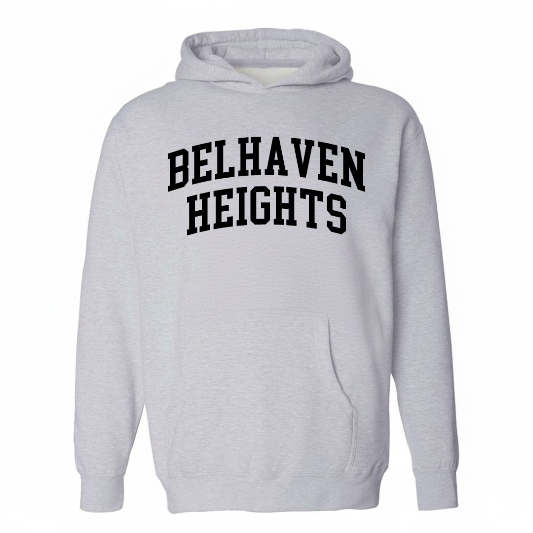 Heather-gray hoodie with the Belhaven Heights varsity arched lettering design on the chest.