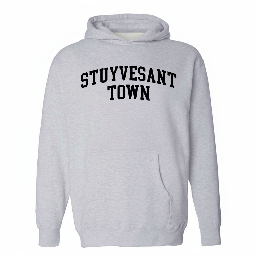 Heather-gray hoodie with the Stuyvesant Town varsity arched lettering design on the chest.